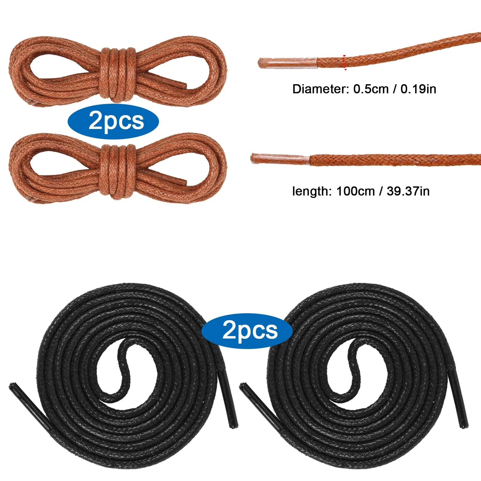 2 Pair Round Wax Shoelaces, 3mm Thin shoelaces Cotton Material Round Shoe Laces for Oxford Shoes Dress Shoes Boots Leather Shoe Laces 100cm Length(Brown and Black), L