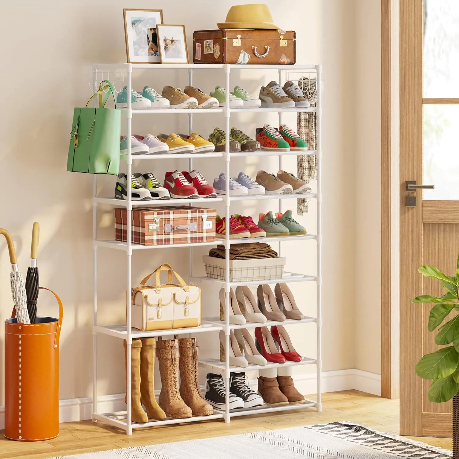 9 Tiers Stackable Shoe Tower/Rack/Stand for Closet, Boot Organizer with 2 Hooks