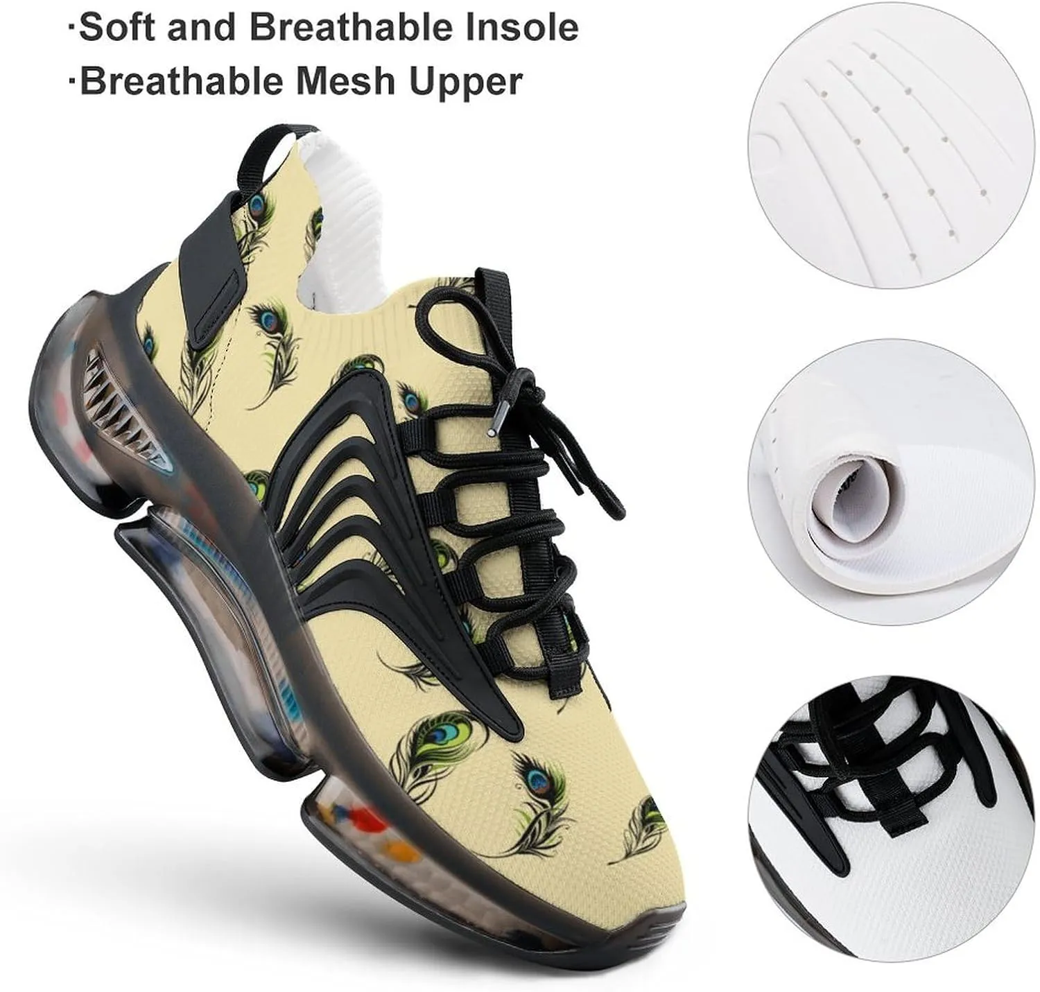 Beautiful Peacock Feathers Walking Shoes for Men Lightweight Tennis Fashion Elastic Sports Shoes Cushion Basketball Shoes