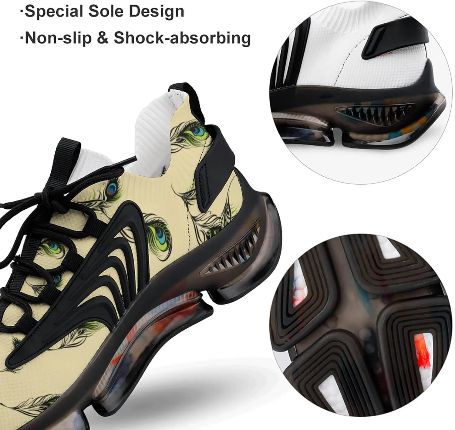 Beautiful Peacock Feathers Walking Shoes for Men Lightweight Tennis Fashion Elastic Sports Shoes Cushion Basketball Shoes