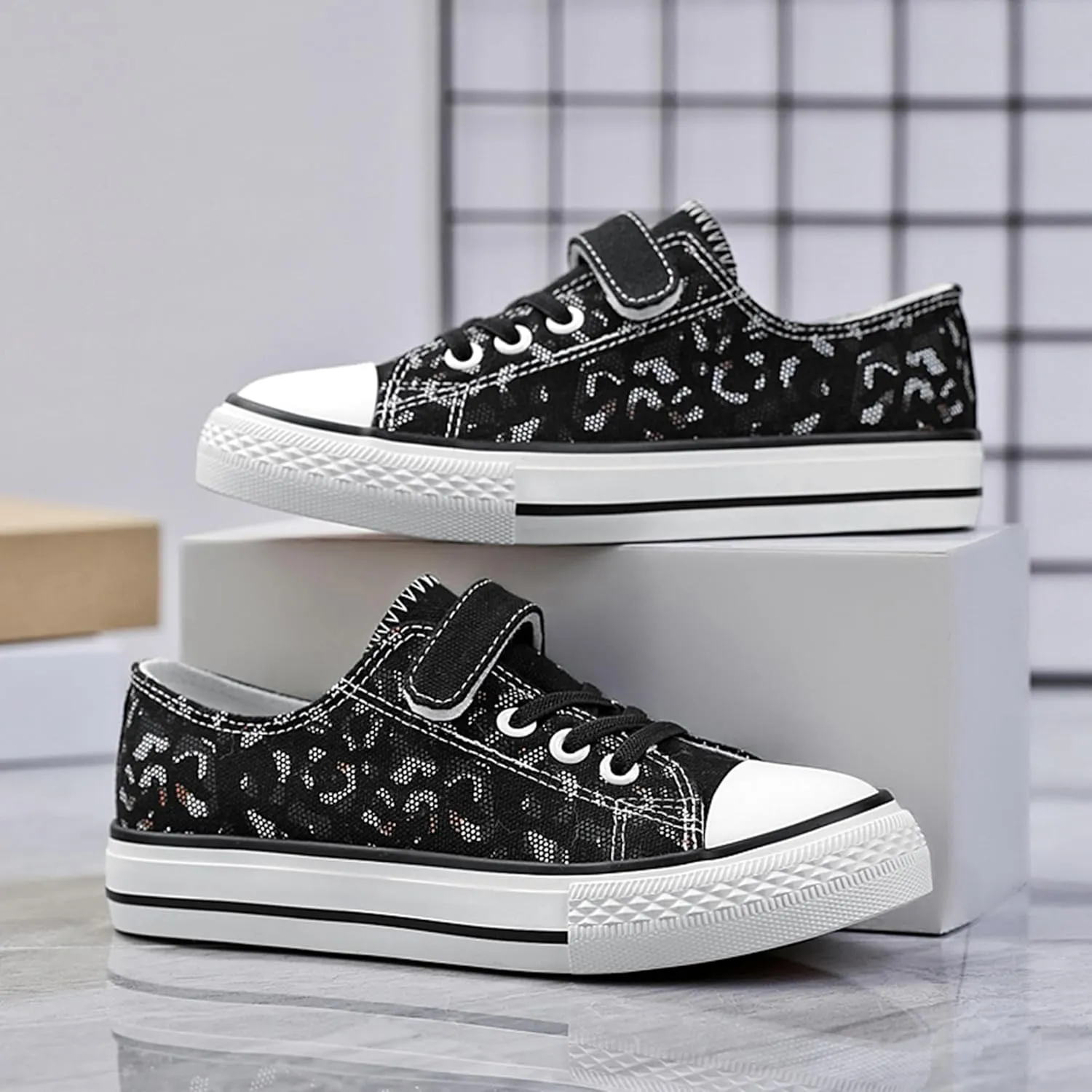 Boys Girls Shoes Kids Black Canvas Sneakers with Hook and Loop Flexible Walking Shoes Fashion Casual Comfort School Footwear(Toddler/Little/Big Kid)