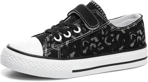Boys Girls Shoes Kids Black Canvas Sneakers with Hook and Loop Flexible Walking Shoes Fashion Casual Comfort School Footwear(Toddler/Little/Big Kid)