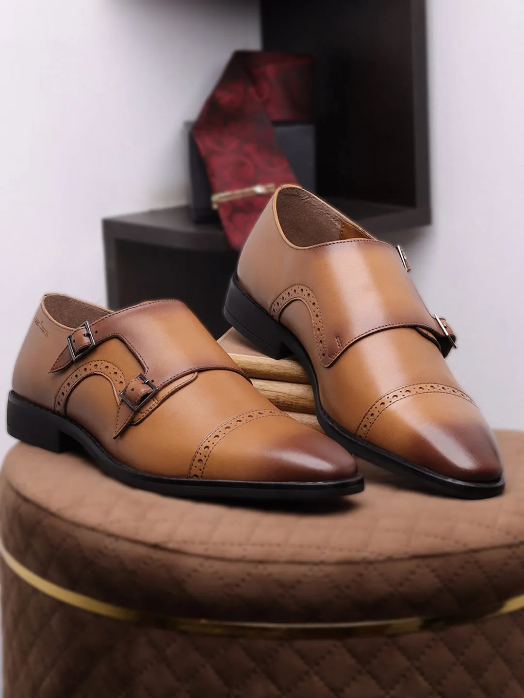 British Tan Egyptian Crust Leather Monk Shoes