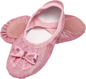 Children's Glitter Ballet Slippers with Bow - Soft Sole Non-Slip for Recitals & Competitions