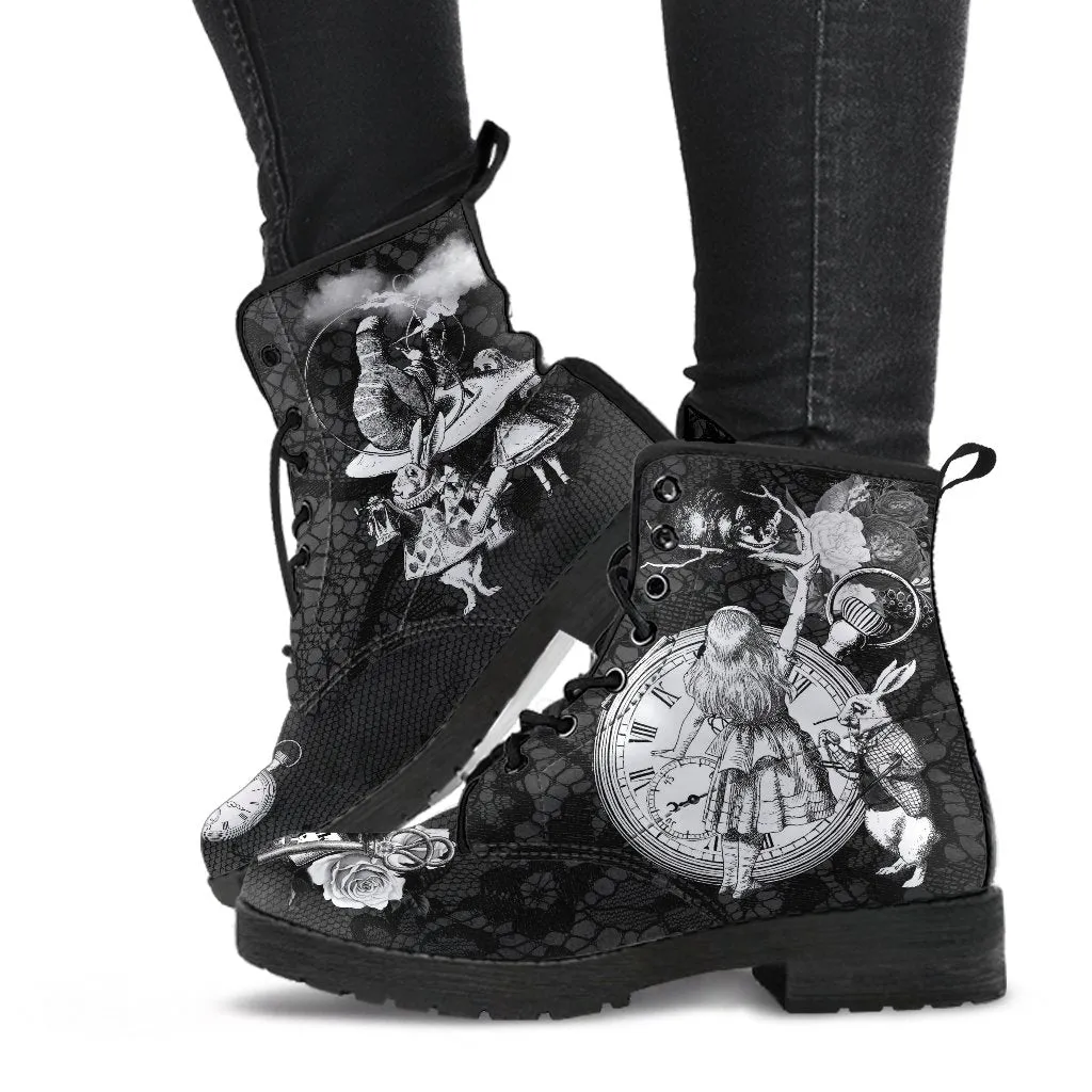 Combat Boots - Alice in Wonderland Gifts #52 Classic Series, Black Lace Print | Birthday Gifts, Gift Idea, Custom Shoes