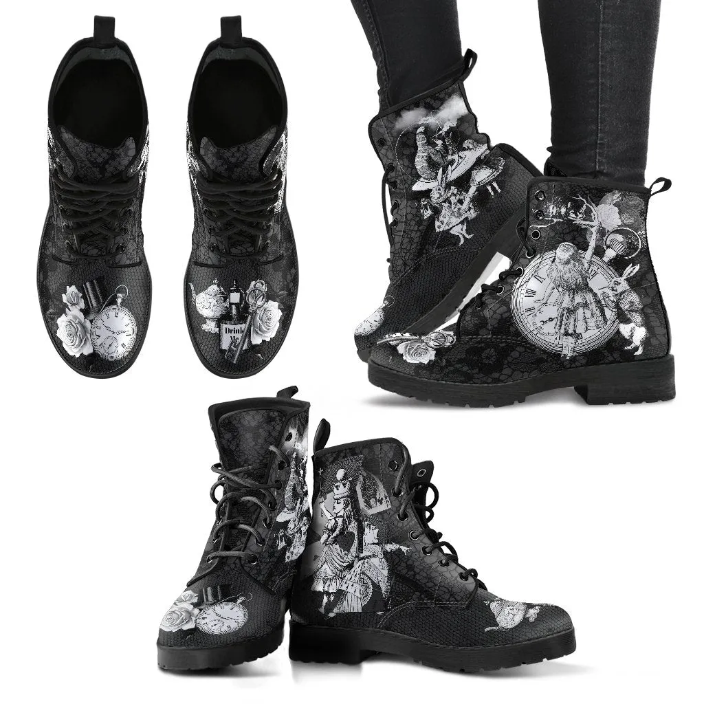 Combat Boots - Alice in Wonderland Gifts #52 Classic Series, Black Lace Print | Birthday Gifts, Gift Idea, Custom Shoes