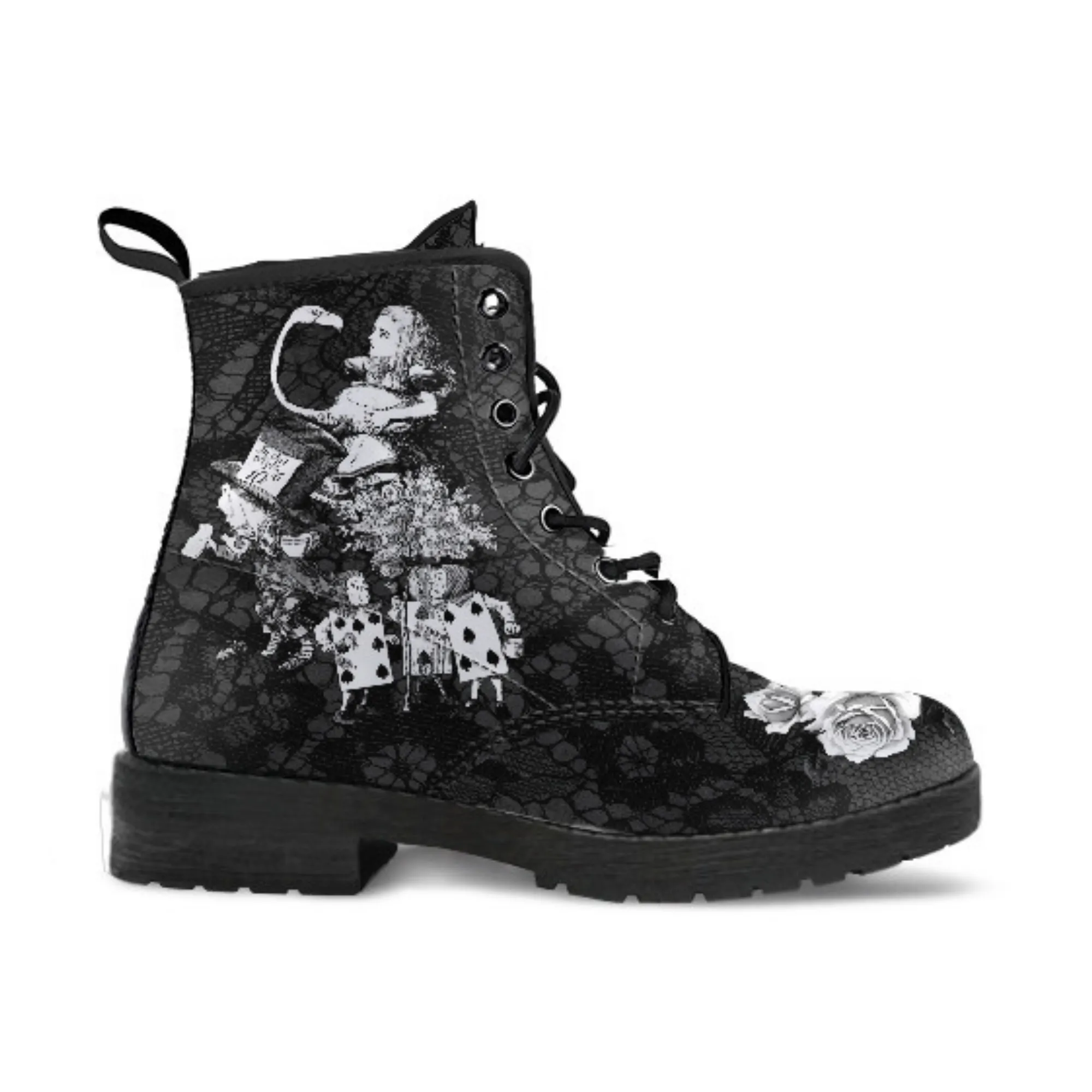 Combat Boots - Alice in Wonderland Gifts #52 Classic Series, Black Lace Print | Birthday Gifts, Gift Idea, Custom Shoes