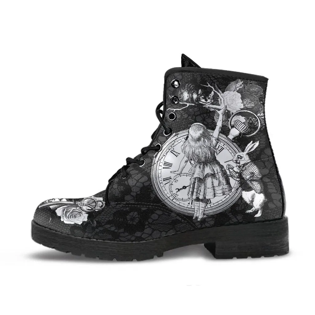 Combat Boots - Alice in Wonderland Gifts #52 Classic Series, Black Lace Print | Birthday Gifts, Gift Idea, Custom Shoes