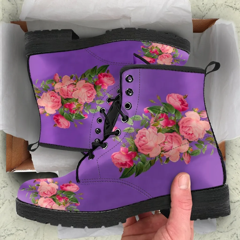 Combat Boots - Vintage Roses (Dark Purple) | Purple Boots for Women, Vegan Leather Lace Up Boots, Handmade Lace Up Boots, Women's Boots
