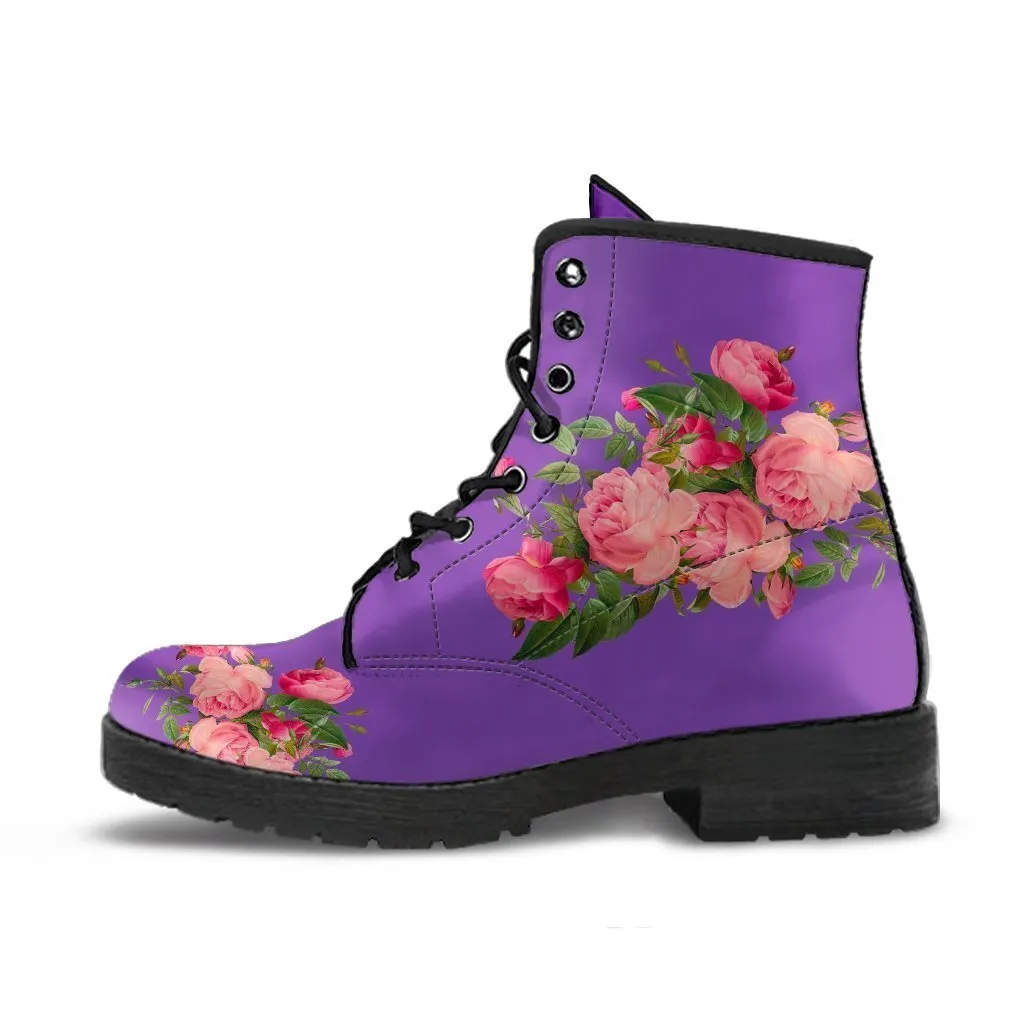 Combat Boots - Vintage Roses (Dark Purple) | Purple Boots for Women, Vegan Leather Lace Up Boots, Handmade Lace Up Boots, Women's Boots