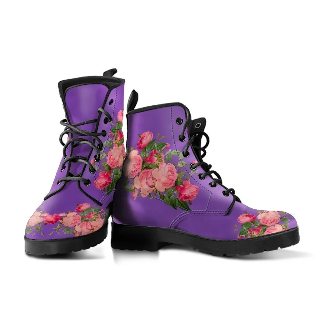Combat Boots - Vintage Roses (Dark Purple) | Purple Boots for Women, Vegan Leather Lace Up Boots, Handmade Lace Up Boots, Women's Boots