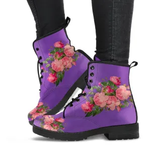Combat Boots - Vintage Roses (Dark Purple) | Purple Boots for Women, Vegan Leather Lace Up Boots, Handmade Lace Up Boots, Women's Boots