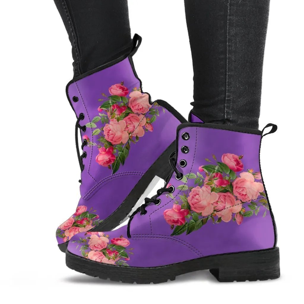 Combat Boots - Vintage Roses (Dark Purple) | Purple Boots for Women, Vegan Leather Lace Up Boots, Handmade Lace Up Boots, Women's Boots