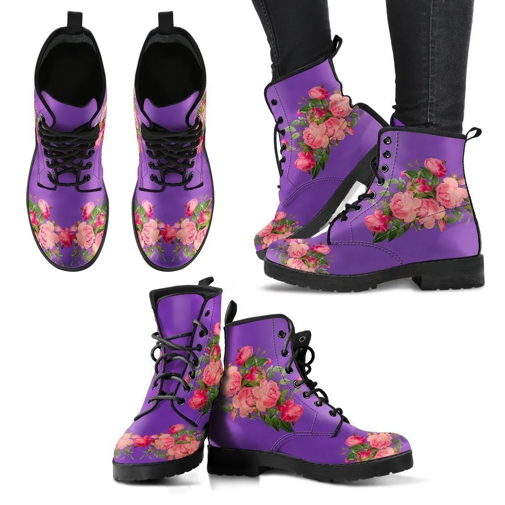 Combat Boots - Vintage Roses (Dark Purple) | Purple Boots for Women, Vegan Leather Lace Up Boots, Handmade Lace Up Boots, Women's Boots
