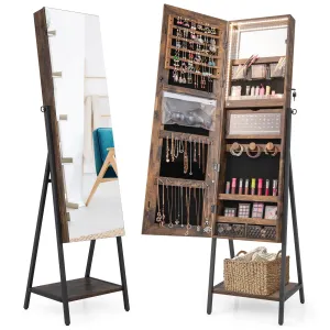 COSTWAY LED Full Length Mirror Jewelry Cabinet, Standing Jewelry Organizer Box with 3-Color Lights and Bottom Storage Shelf, Lockable Jewelry Armoire for Women Girls Bedroom (Rustic Brown)
