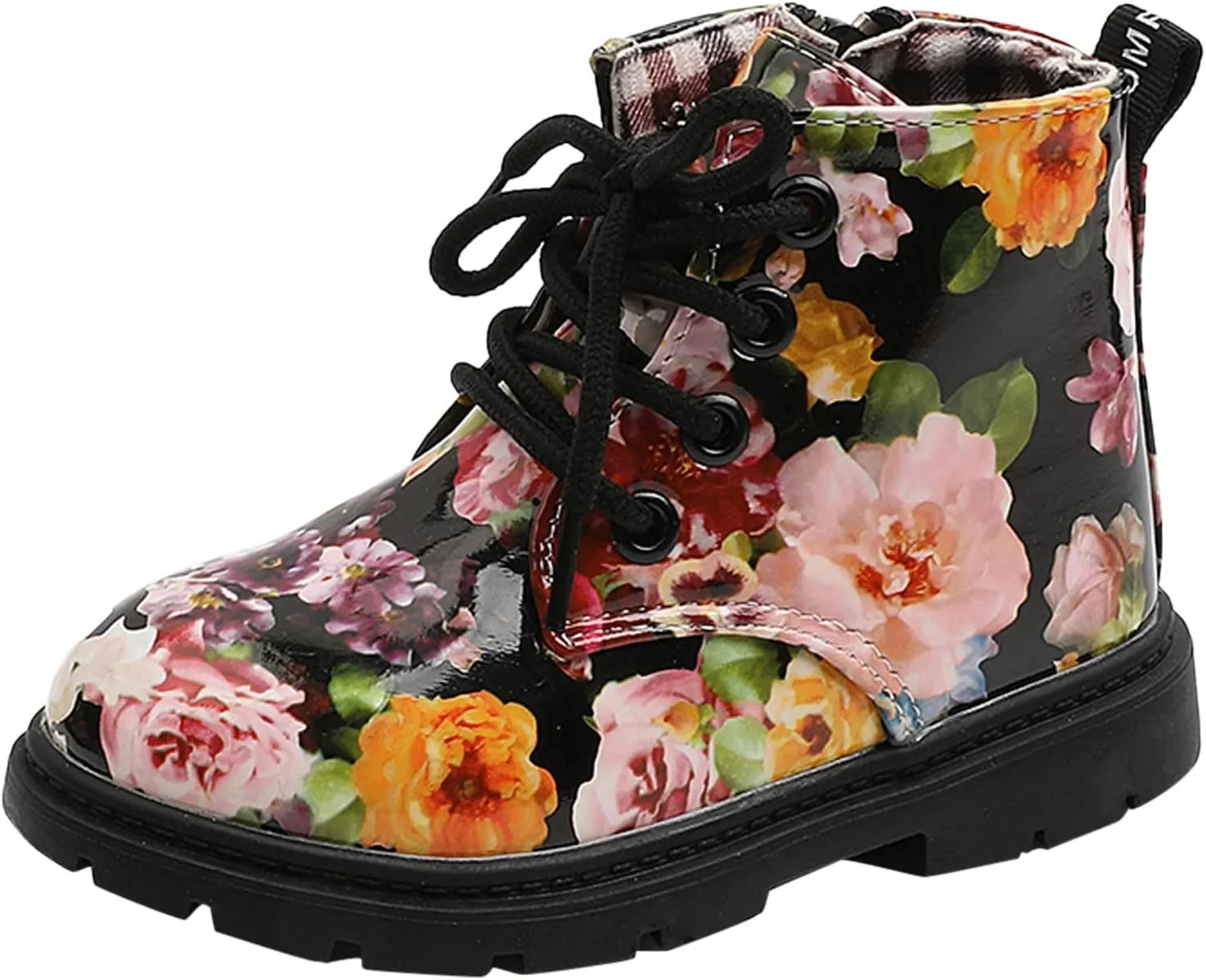 Cute Children Boots Floral Print Girl Lace Up Boots Waterproof Ankle Boots Side Zipper Booties(Toddler/Little Kids)