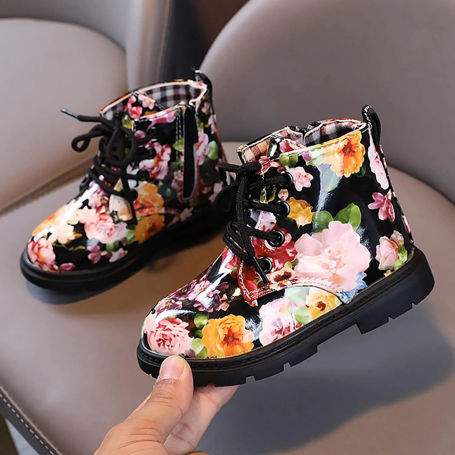 Cute Children Boots Floral Print Girl Lace Up Boots Waterproof Ankle Boots Side Zipper Booties(Toddler/Little Kids)