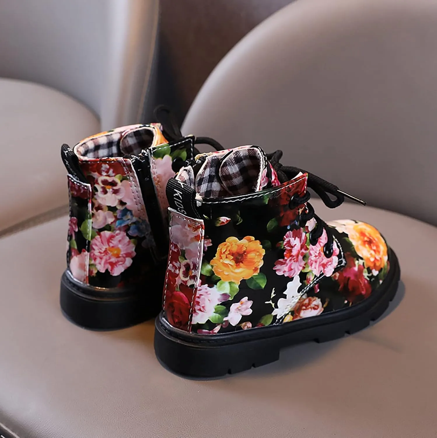 Cute Children Boots Floral Print Girl Lace Up Boots Waterproof Ankle Boots Side Zipper Booties(Toddler/Little Kids)