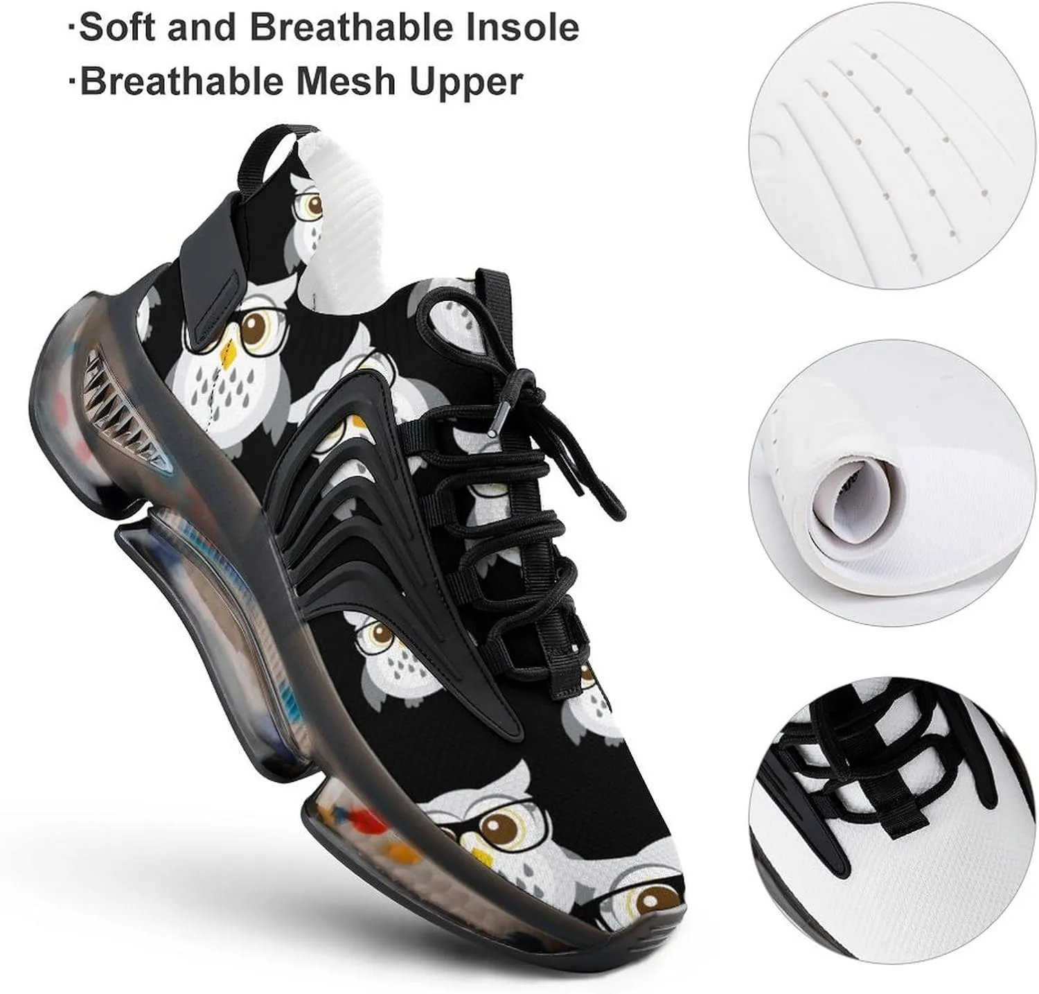 Cute Owl Walking Shoes for Men Lightweight Tennis Fashion Elastic Sports Shoes Cushion Basketball Shoes