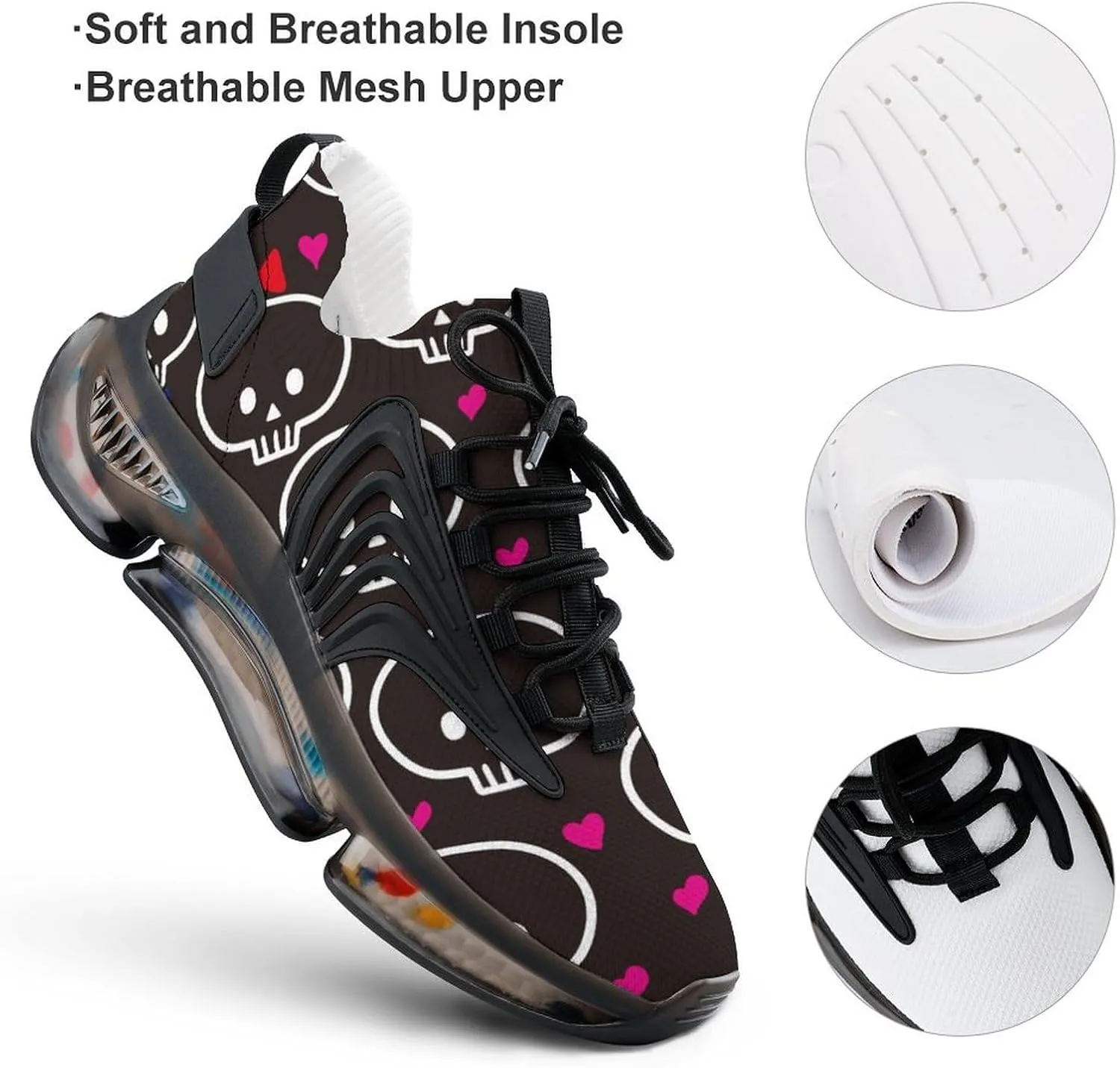 Cute Skulls with Heart Walking Shoes for Men Lightweight Tennis Fashion Elastic Sports Shoes Cushion Basketball Shoes