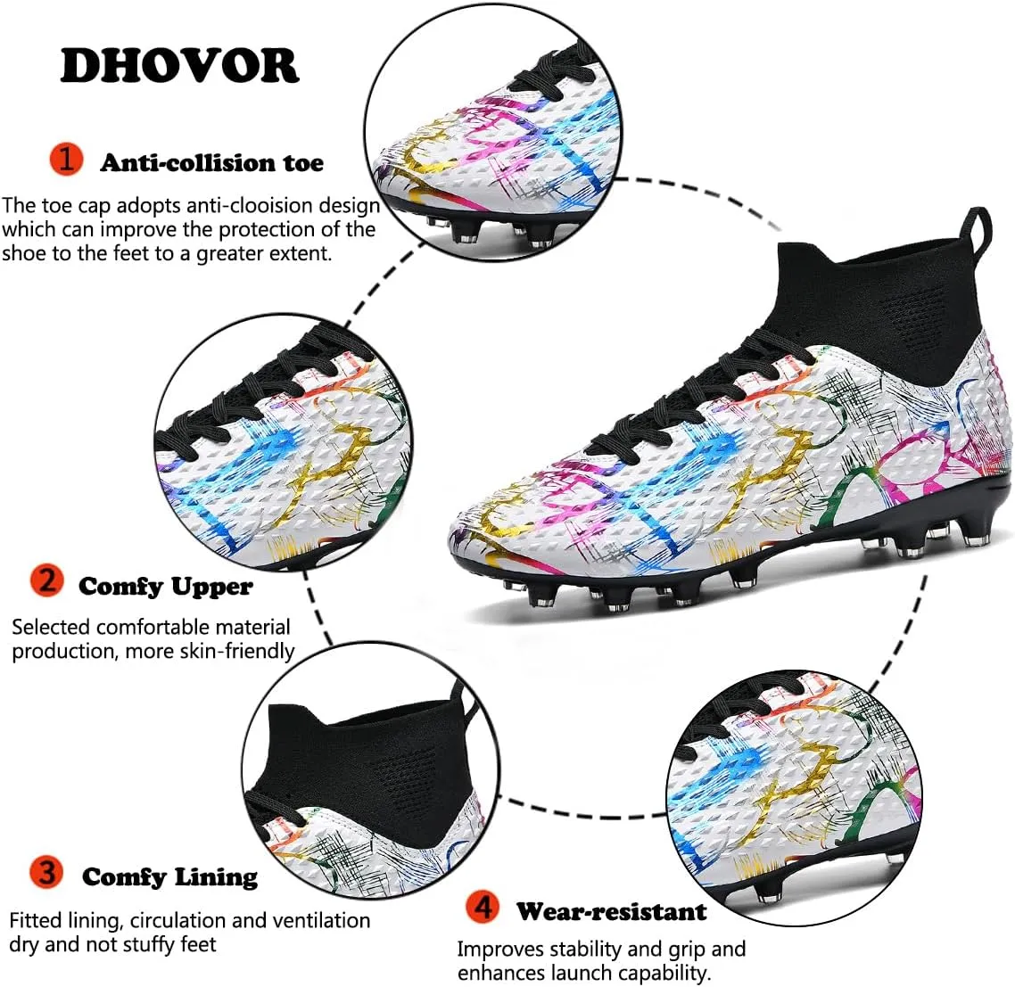 DHOVOR Boys Girls Soccer Cleats High-Top Soccer Shoes for Kids Football Cleats Professional Training Football Sports Shoes