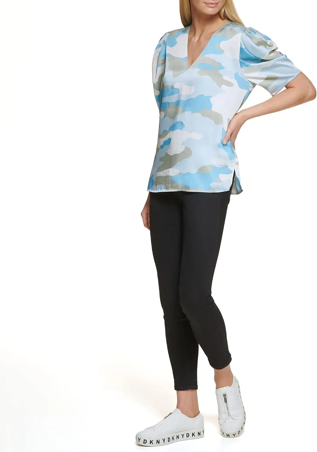 DKNY Women's Polished V-Neck Statement Sportswear Top