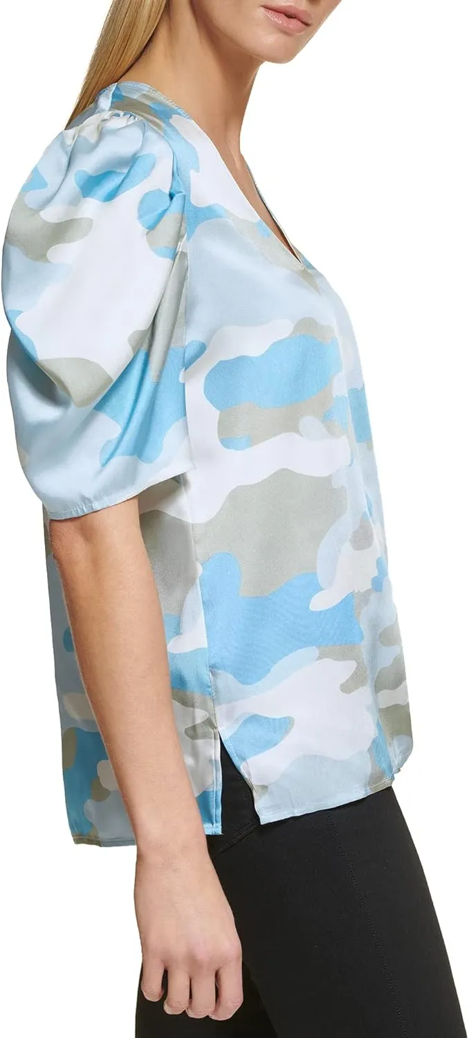 DKNY Women's Polished V-Neck Statement Sportswear Top