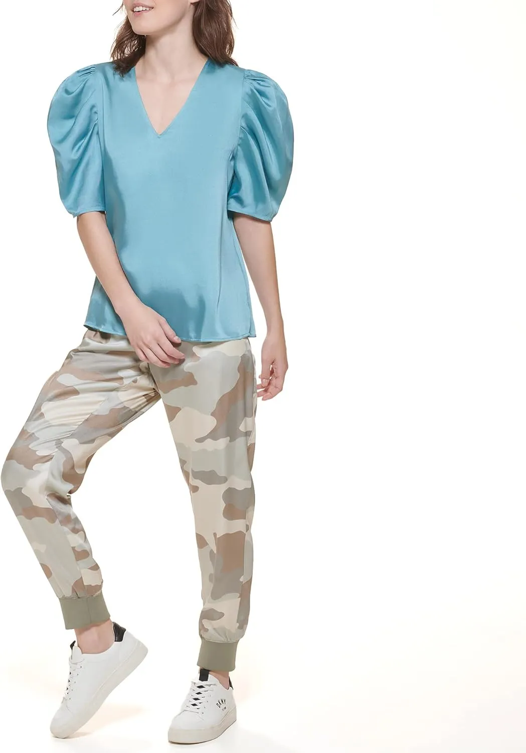 DKNY Women's Polished V-Neck Statement Sportswear Top