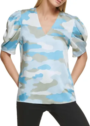 DKNY Women's Polished V-Neck Statement Sportswear Top