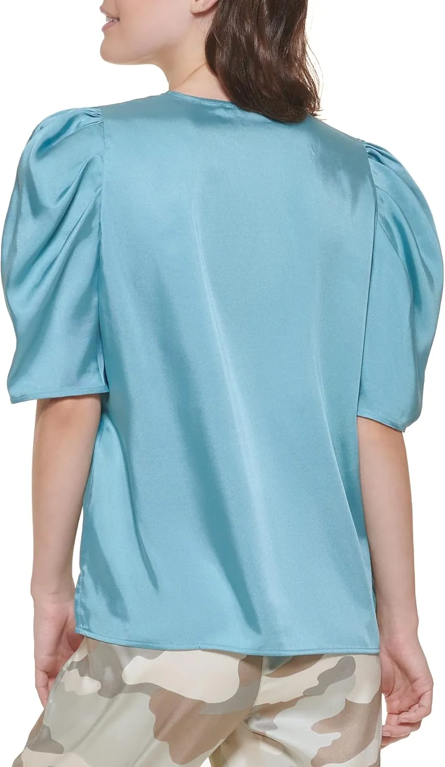 DKNY Women's Polished V-Neck Statement Sportswear Top