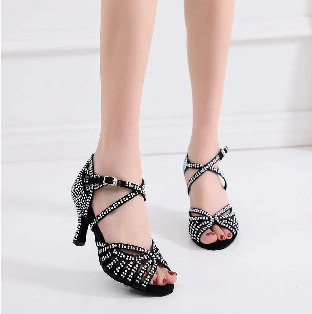 DKZSYIM Women Rhinestone Latin Ballroom Dance Shoes Bachata Salsa Practice Performance Dance Shoes,Model QJW7164