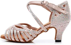 DKZSYIM Women Rhinestone Latin Ballroom Dance Shoes Bachata Salsa Practice Performance Dance Shoes,Model QJW7164