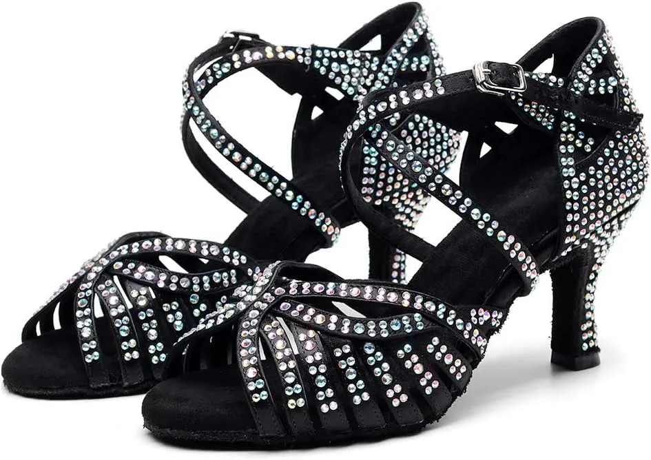 DKZSYIM Women Rhinestone Latin Ballroom Dance Shoes Bachata Salsa Practice Performance Dance Shoes,Model QJW7164