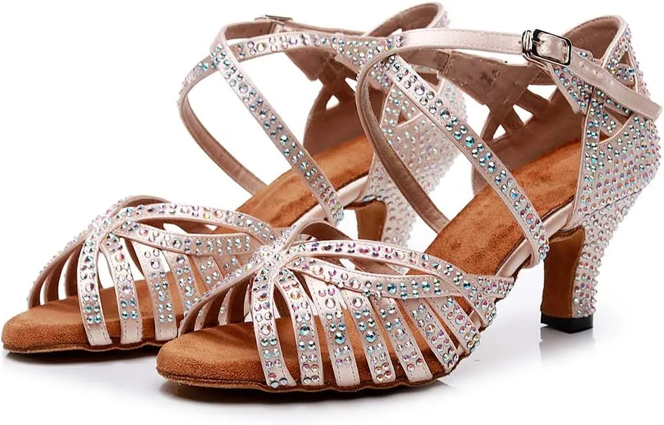 DKZSYIM Women Rhinestone Latin Ballroom Dance Shoes Bachata Salsa Practice Performance Dance Shoes,Model QJW7164