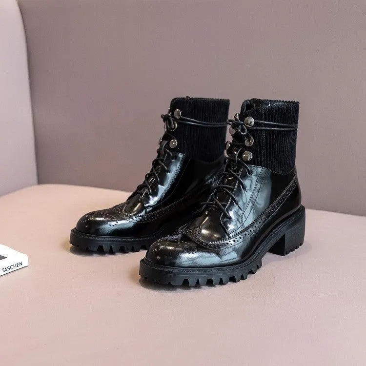 Fashion lace round toe all-match thick heel short boots