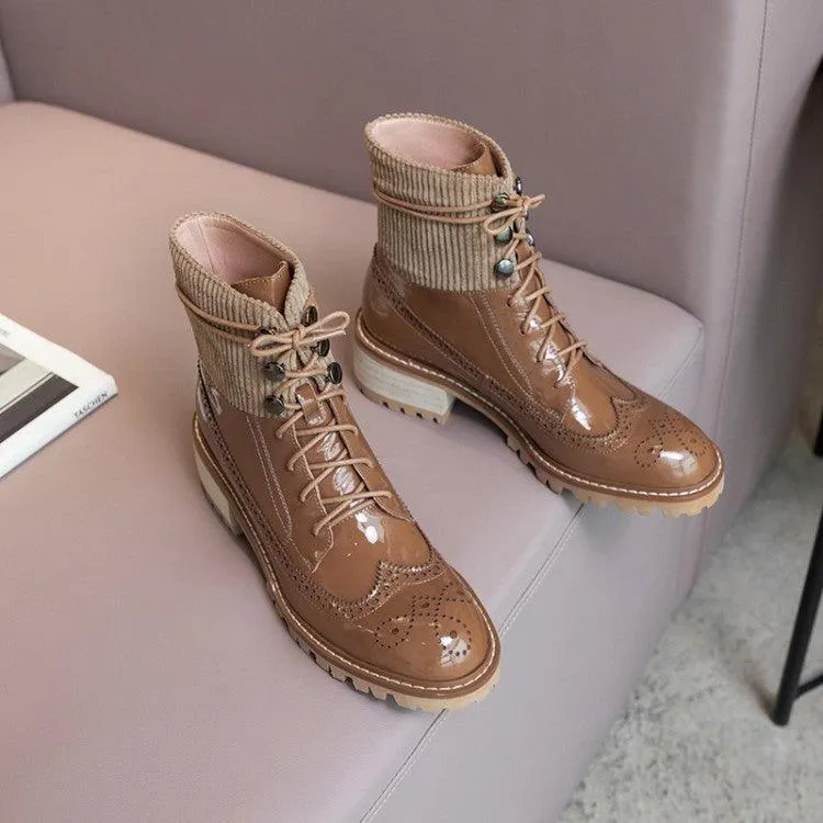 Fashion lace round toe all-match thick heel short boots