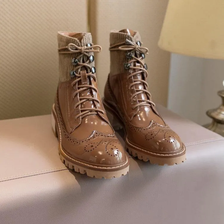 Fashion lace round toe all-match thick heel short boots