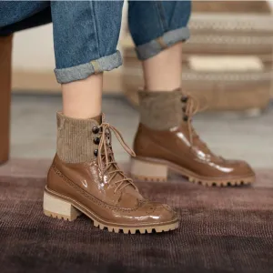 Fashion lace round toe all-match thick heel short boots
