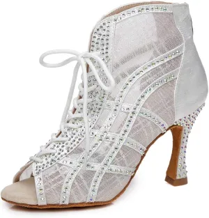 HIPPOSEUS Women's Classic Shiny Rhinestones Latin Dance Shoes - Zipper Mesh Ballroom Wedding Party Dance Performance Boots,Model 434