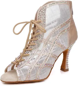 HIPPOSEUS Women's Classic Shiny Rhinestones Latin Dance Shoes - Zipper Mesh Ballroom Wedding Party Dance Performance Boots,Model 434