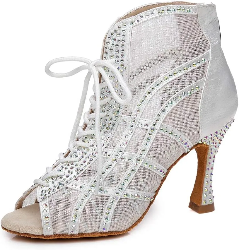 HIPPOSEUS Women's Classic Shiny Rhinestones Latin Dance Shoes - Zipper Mesh Ballroom Wedding Party Dance Performance Boots,Model 434