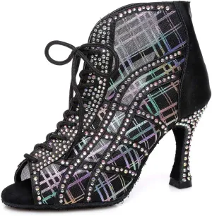 HIPPOSEUS Women's Classic Shiny Rhinestones Latin Dance Shoes - Zipper Mesh Ballroom Wedding Party Dance Performance Boots,Model 434