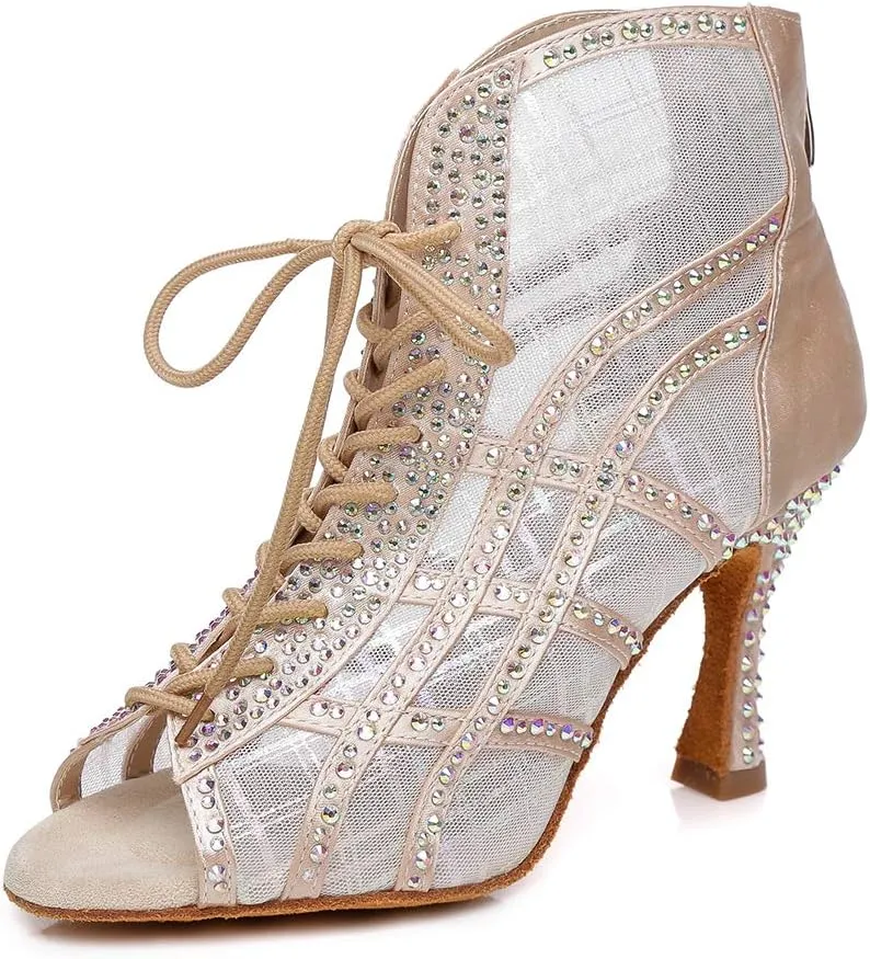 HIPPOSEUS Women's Classic Shiny Rhinestones Latin Dance Shoes - Zipper Mesh Ballroom Wedding Party Dance Performance Boots,Model 434