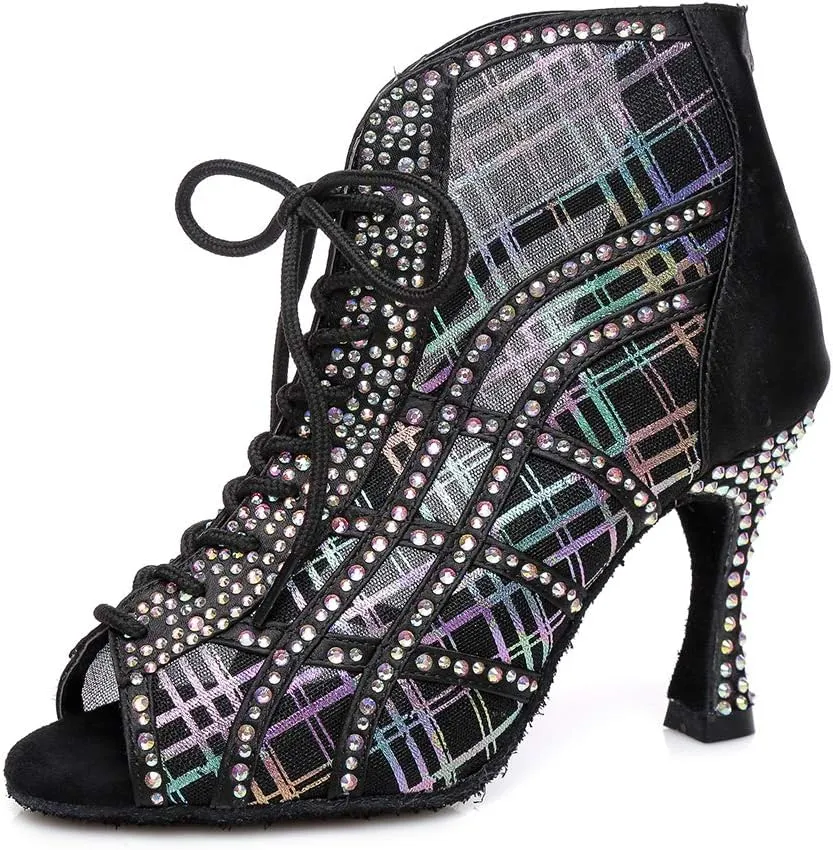 HIPPOSEUS Women's Classic Shiny Rhinestones Latin Dance Shoes - Zipper Mesh Ballroom Wedding Party Dance Performance Boots,Model 434