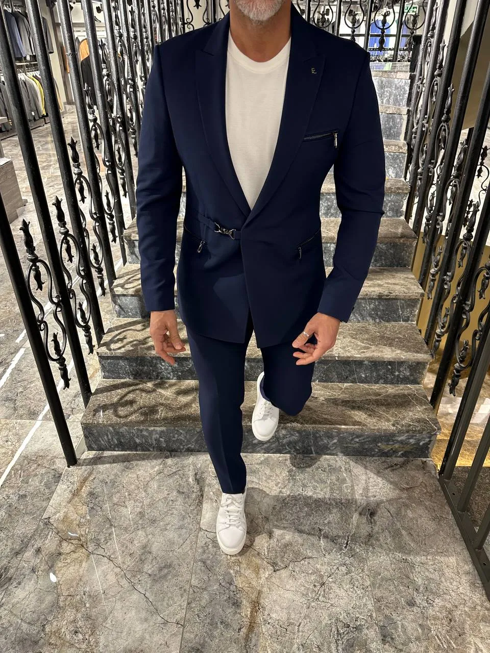 HolloMen Slim Fit Navy Blue Suit with Buckle Closure