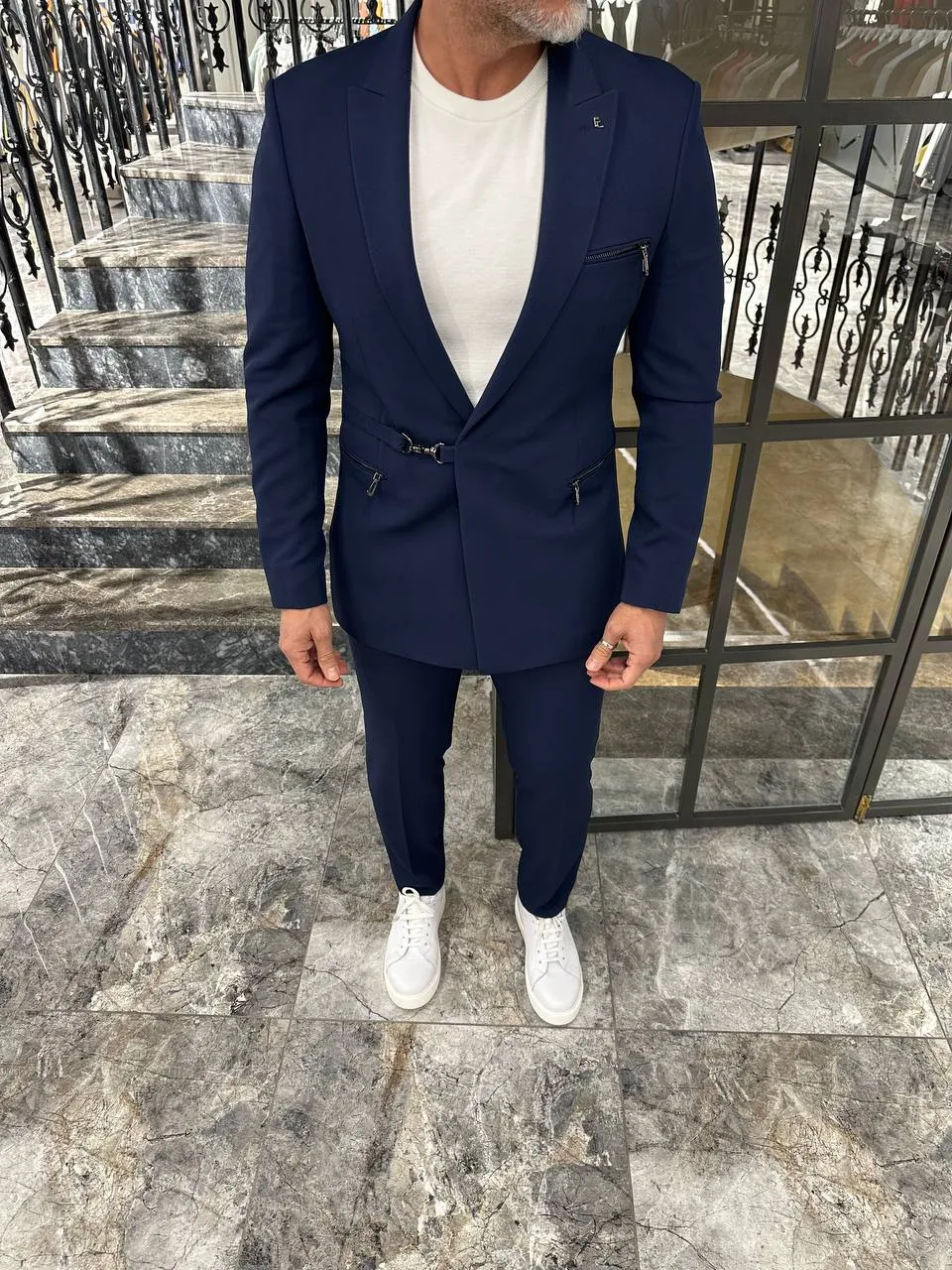 HolloMen Slim Fit Navy Blue Suit with Buckle Closure