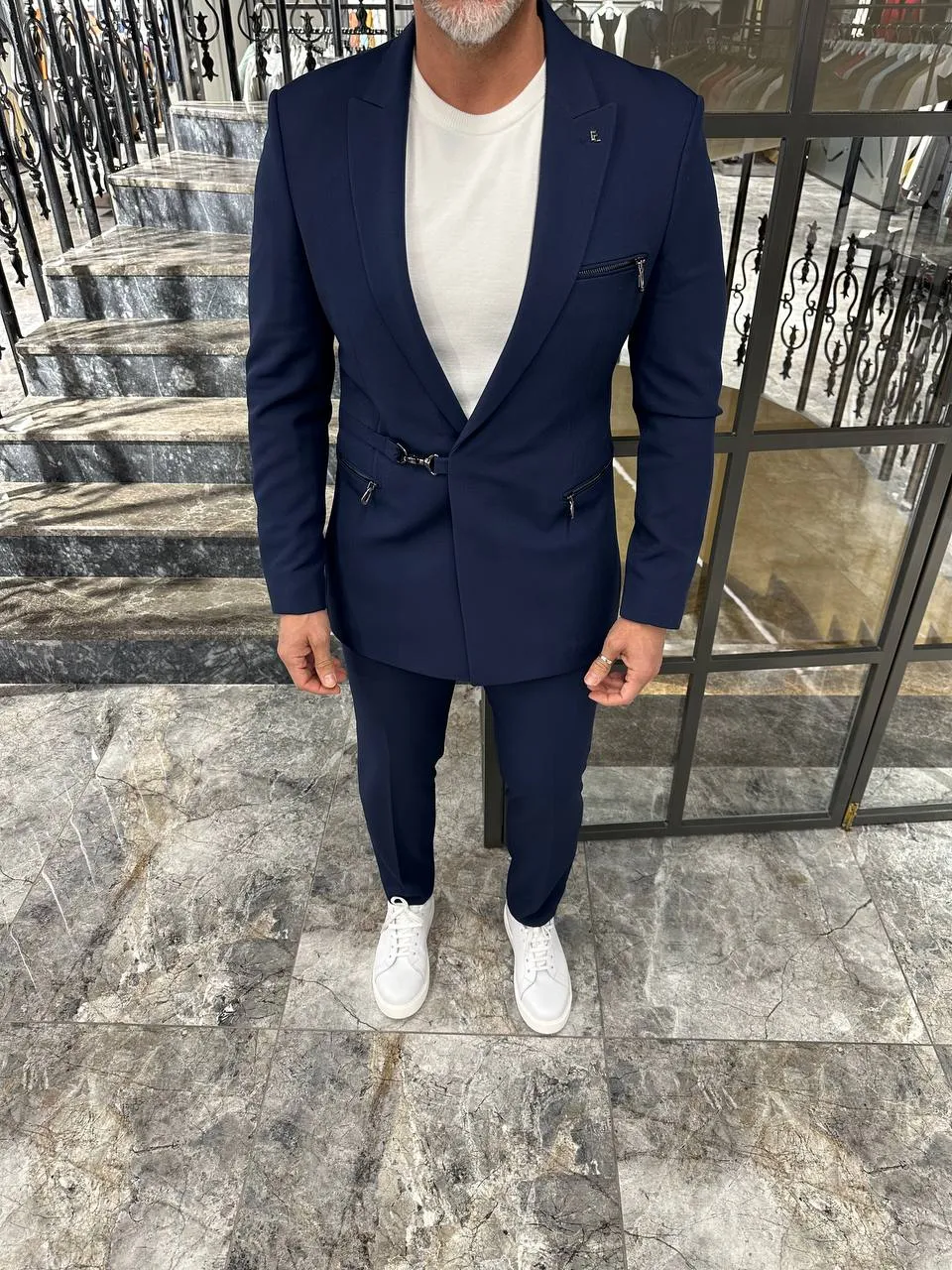 HolloMen Slim Fit Navy Blue Suit with Buckle Closure