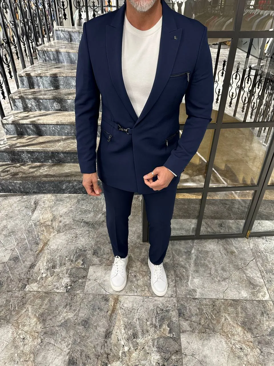 HolloMen Slim Fit Navy Blue Suit with Buckle Closure