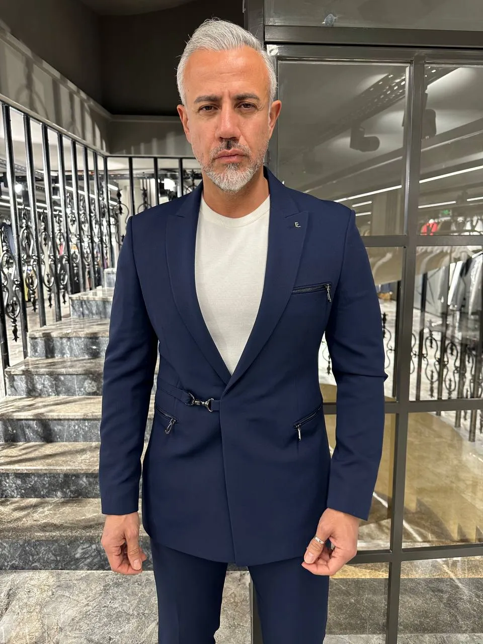 HolloMen Slim Fit Navy Blue Suit with Buckle Closure