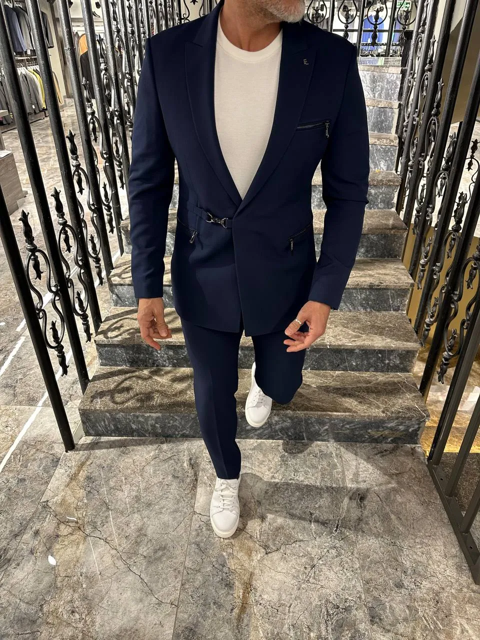 HolloMen Slim Fit Navy Blue Suit with Buckle Closure